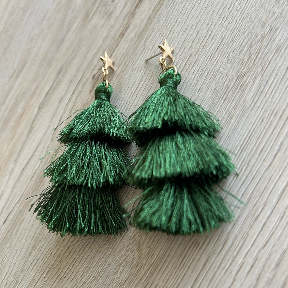 Green Tassel Earrings with Star Accents